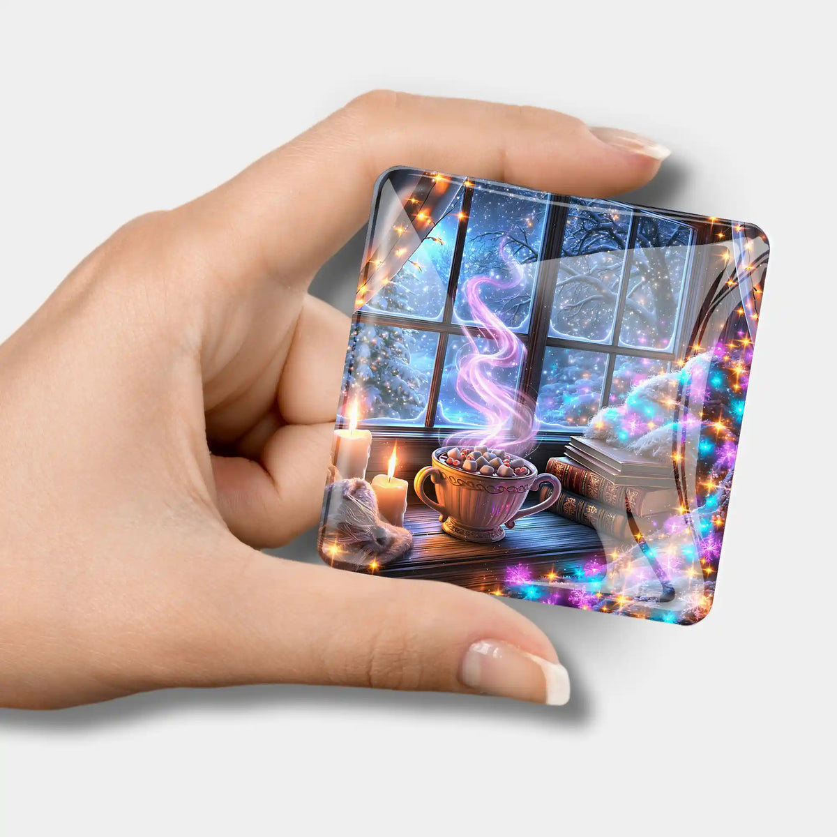 Weihnachtszauber Cover Minder aus Glas für Diamond Painting mit gemütlichem Winter-Motiv und dampfender Tasse Kakao.
