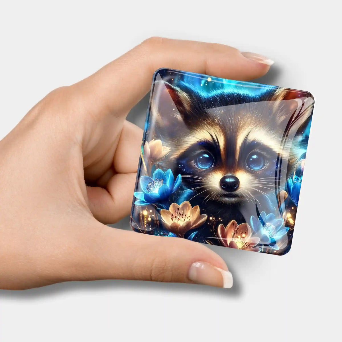 Magischer Cover Minder mit Waschbär-Motiv aus Glas als praktisches Zubehör für dein Diamond Painting Projekt