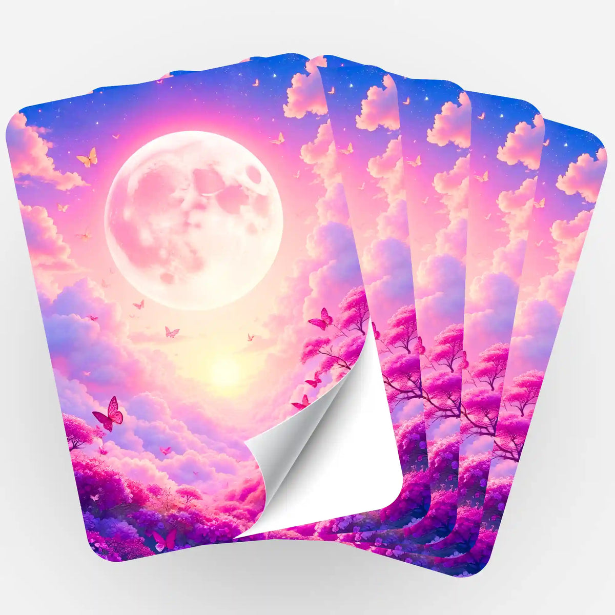 Fünf Sticker zum Diamond Painting Set Wolkenreich mit pinkfarbenem Himmel, Vollmond und Schmetterlingen zur Organisation.