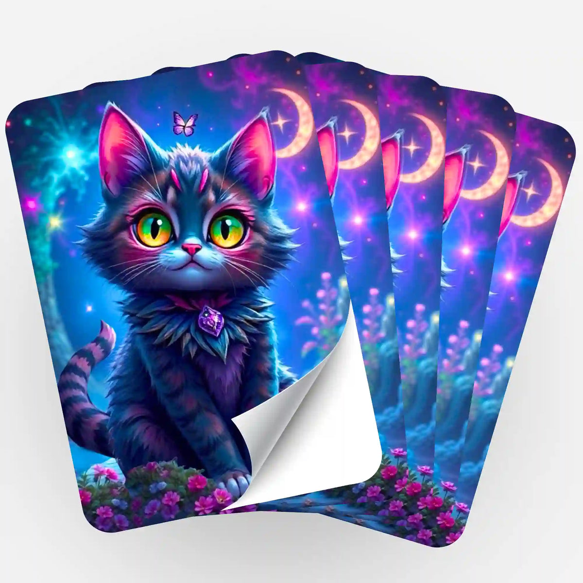 Fünf Picmondoo Aufkleber mit niedlicher Night Cat als Motiv zur Organisation von Diamond Painting Zubehör