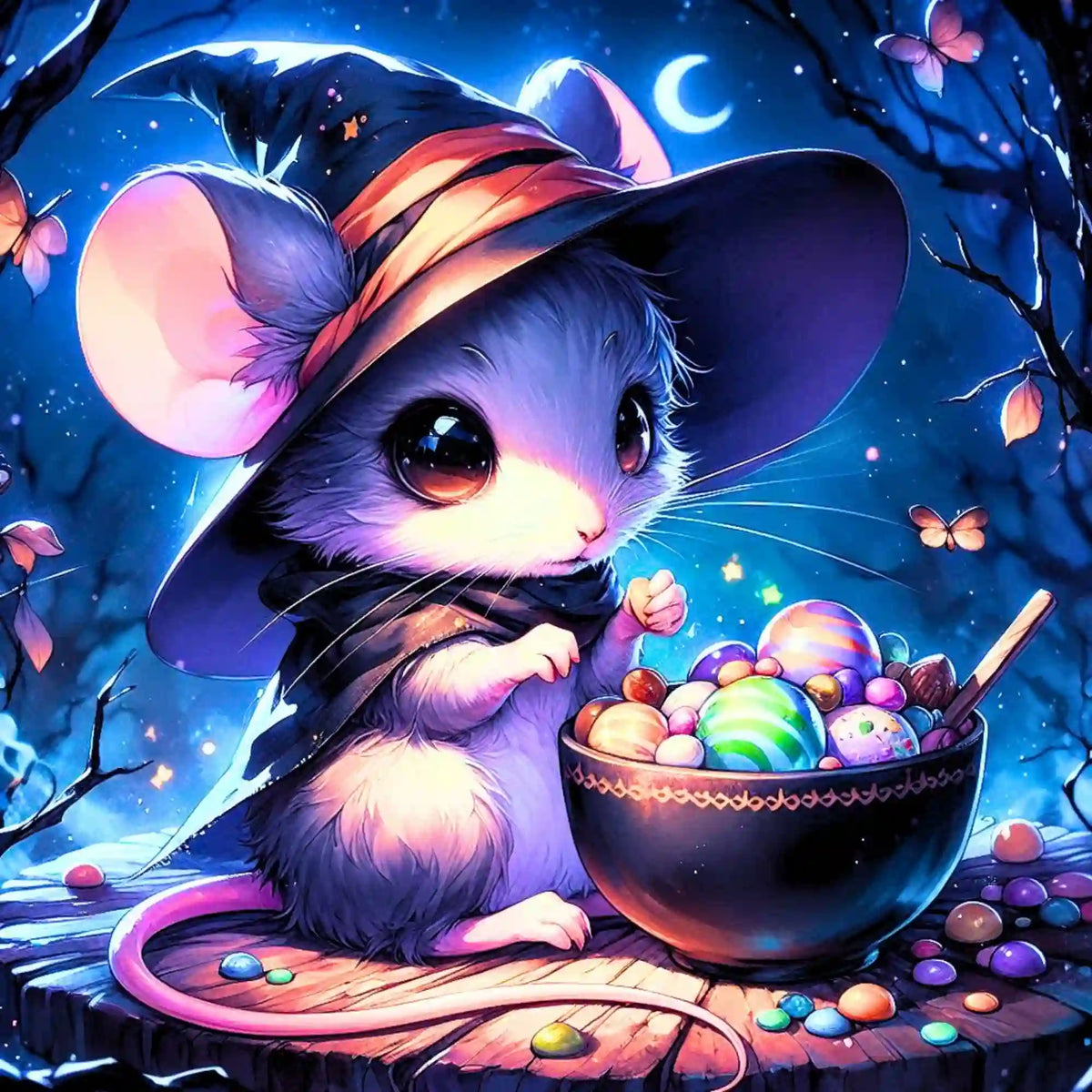 Fertiges Diamond Painting Mondflausch: Süße Maus mit Zauberhut im magischen Mondscheinwald, glitzernde Malerei auf Leinwand