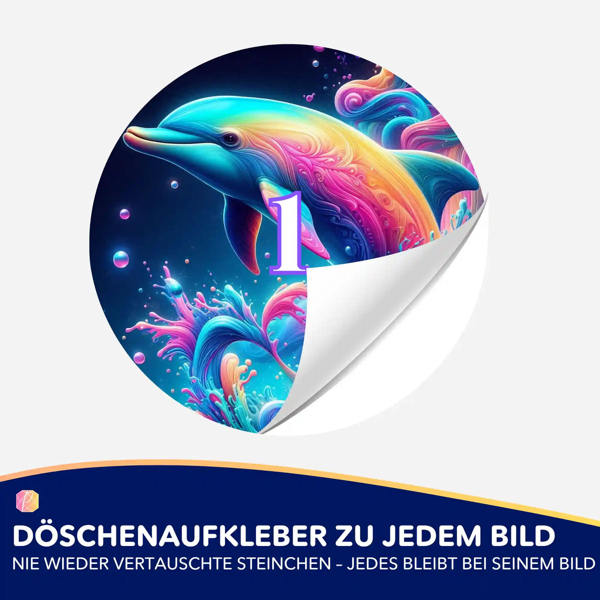 Bunter Delfin-Döschenaufkleber für Diamond Painting zur einfachen Organisation von Steinchen beim Basteln.