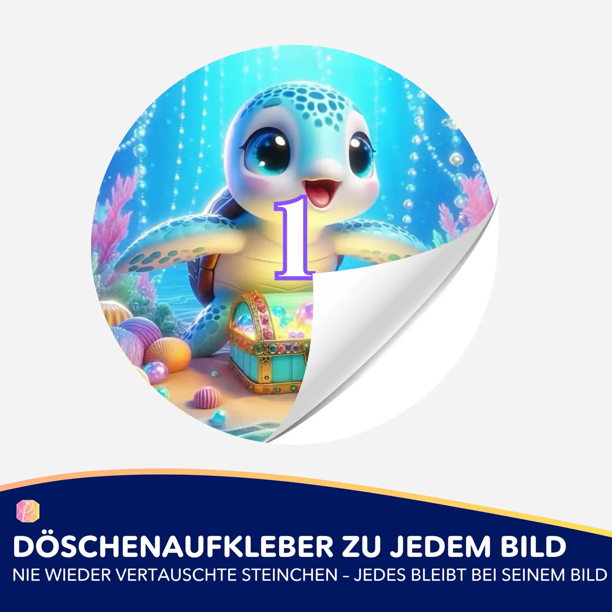 Bunter Döschenaufkleber mit Schildkröten-Motiv zur Organisation von Steinchen für dein Diamond Painting Zubehör