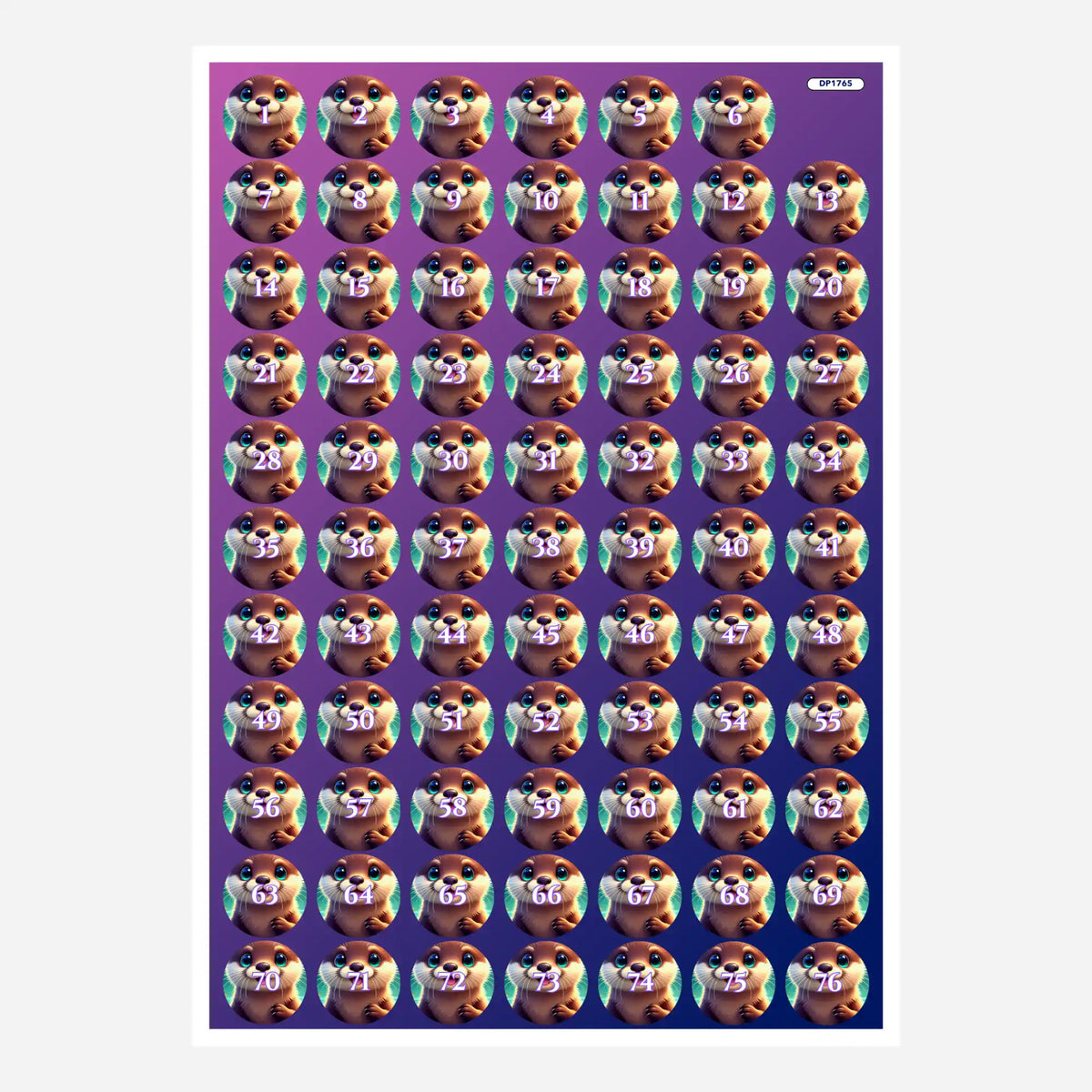Bogen mit runden Döschenaufklebern für Diamond Painting mit niedlichem Otter-Motiv und Zahlen von 1 bis 76 zur Sortierung.