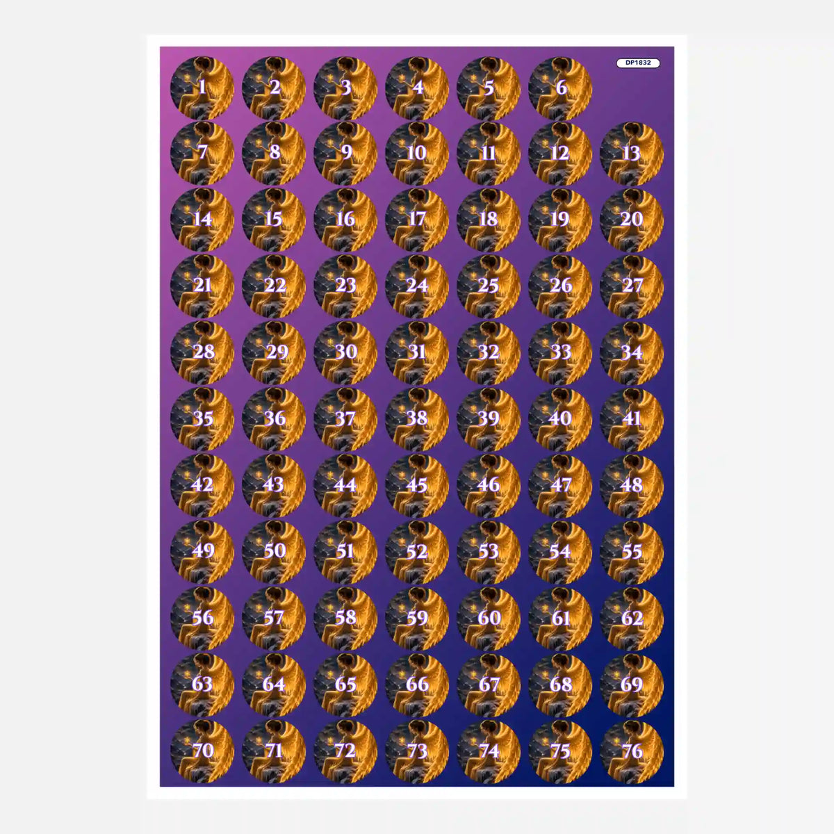 Döschenaufkleber Set für Diamond Painting Zubehör mit Zahlen 1 bis 76 zur einfachen Sortierung der Diamantsteine.