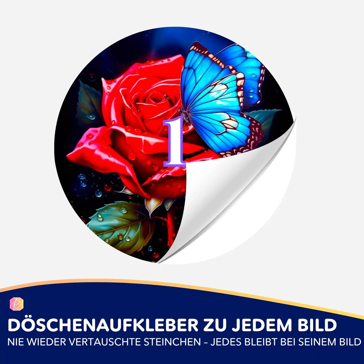 Runder Döschenaufkleber mit roter Rose und blauem Schmetterling für die Diamond Painting Sortierung