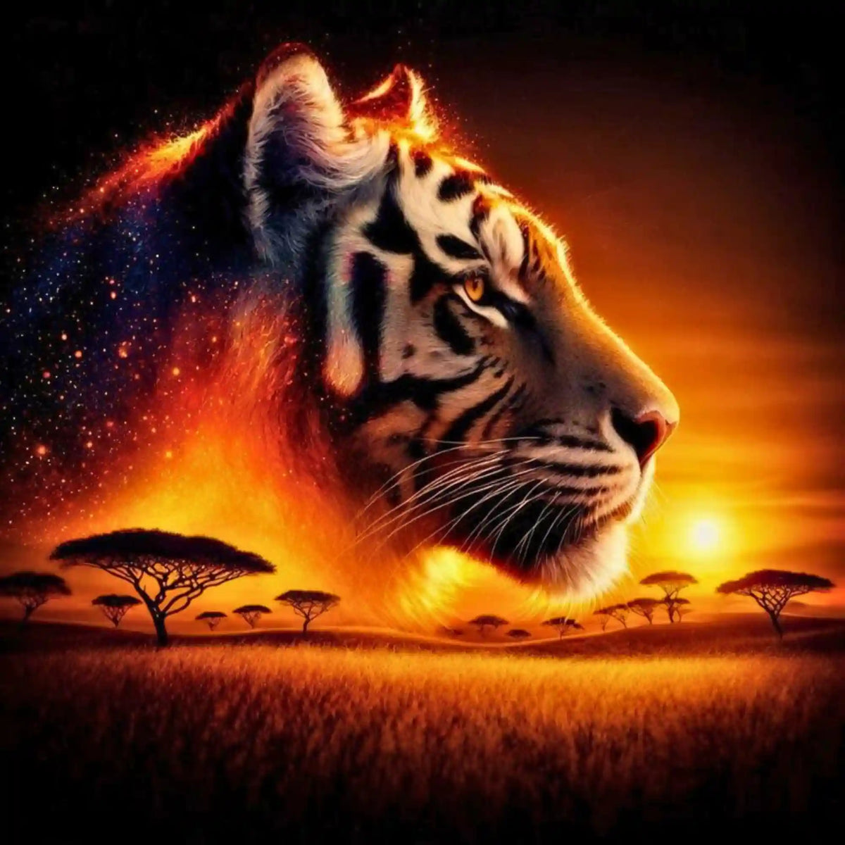 Diamond Painting Tiger in der Savanne bei Sonnenuntergang – Feuerherz Design mit magischem Glitzereffekt