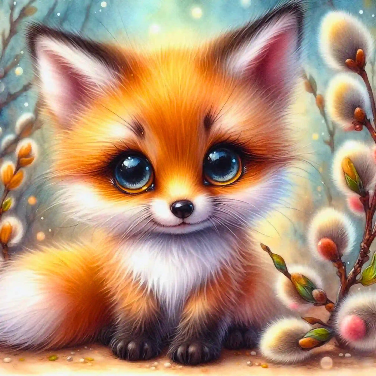 Diamond Painting Set mit niedlichem Fuchs-Baby, flauschigem Fell, großen blauen Augen und blühenden Weidenkätzchen.