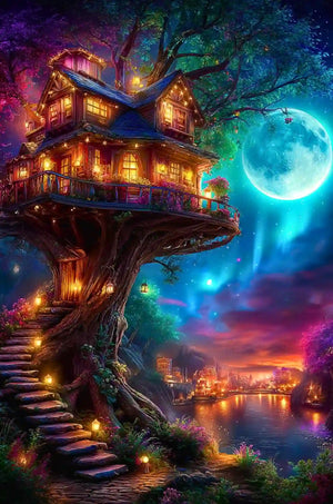 Diamond Painting Set: Märchenhaftes Baumhaus am Fluss unter einem Vollmond in einer magischen Waldnacht voller Lichter.