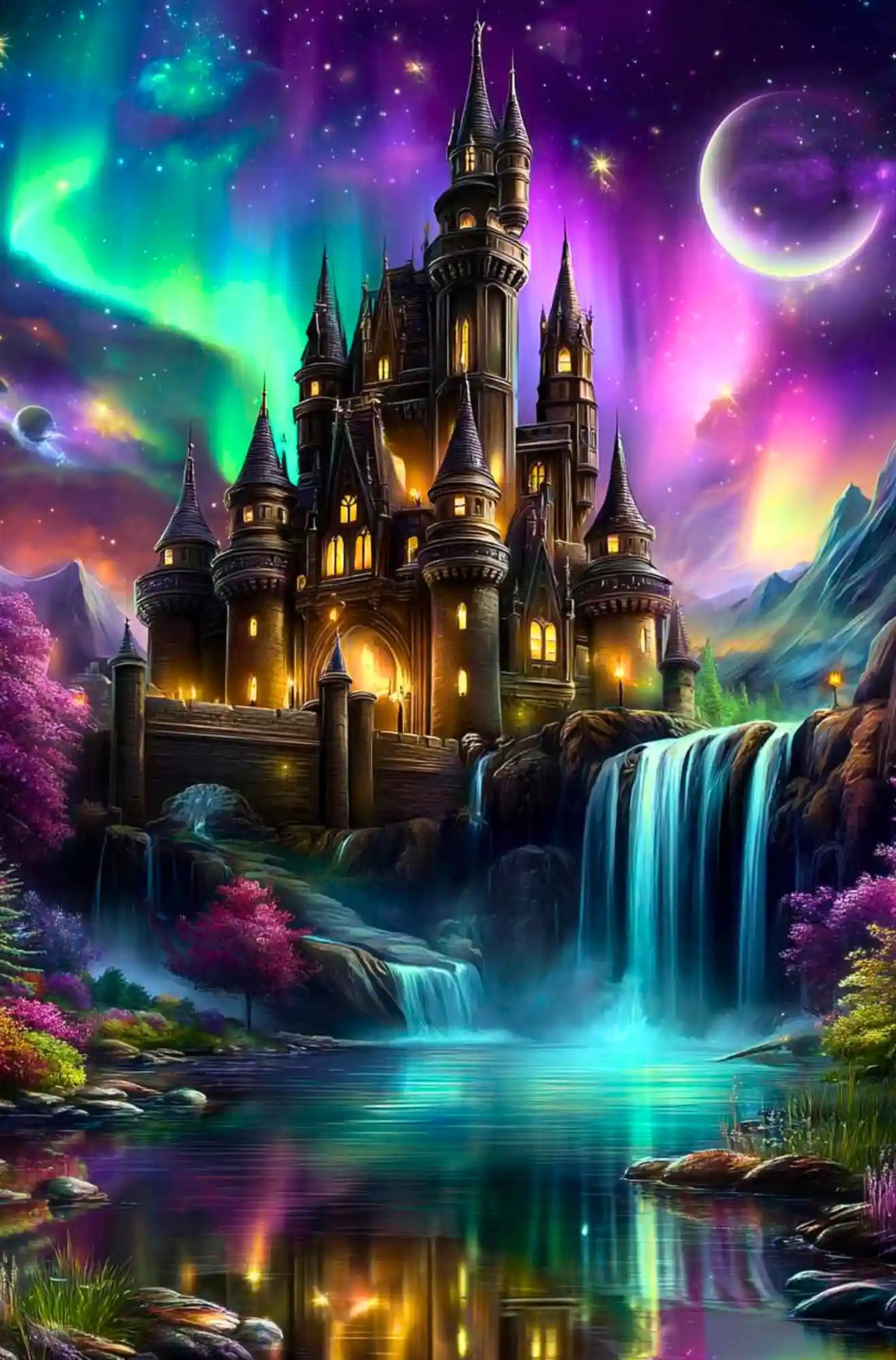 Diamond Painting Set Märchenschloss mit Wasserfall, Nordlichtern und Sternenhimmel in leuchtenden Farben auf 50x75cm.