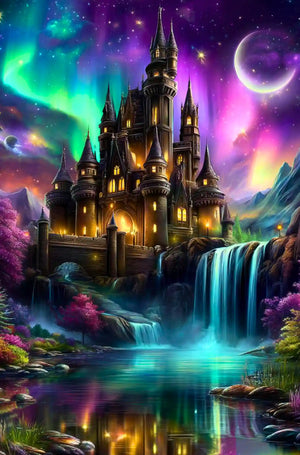 Diamond Painting Set Märchenschloss mit Wasserfall, Nordlichtern und Sternenhimmel in leuchtenden Farben auf 50x75cm.