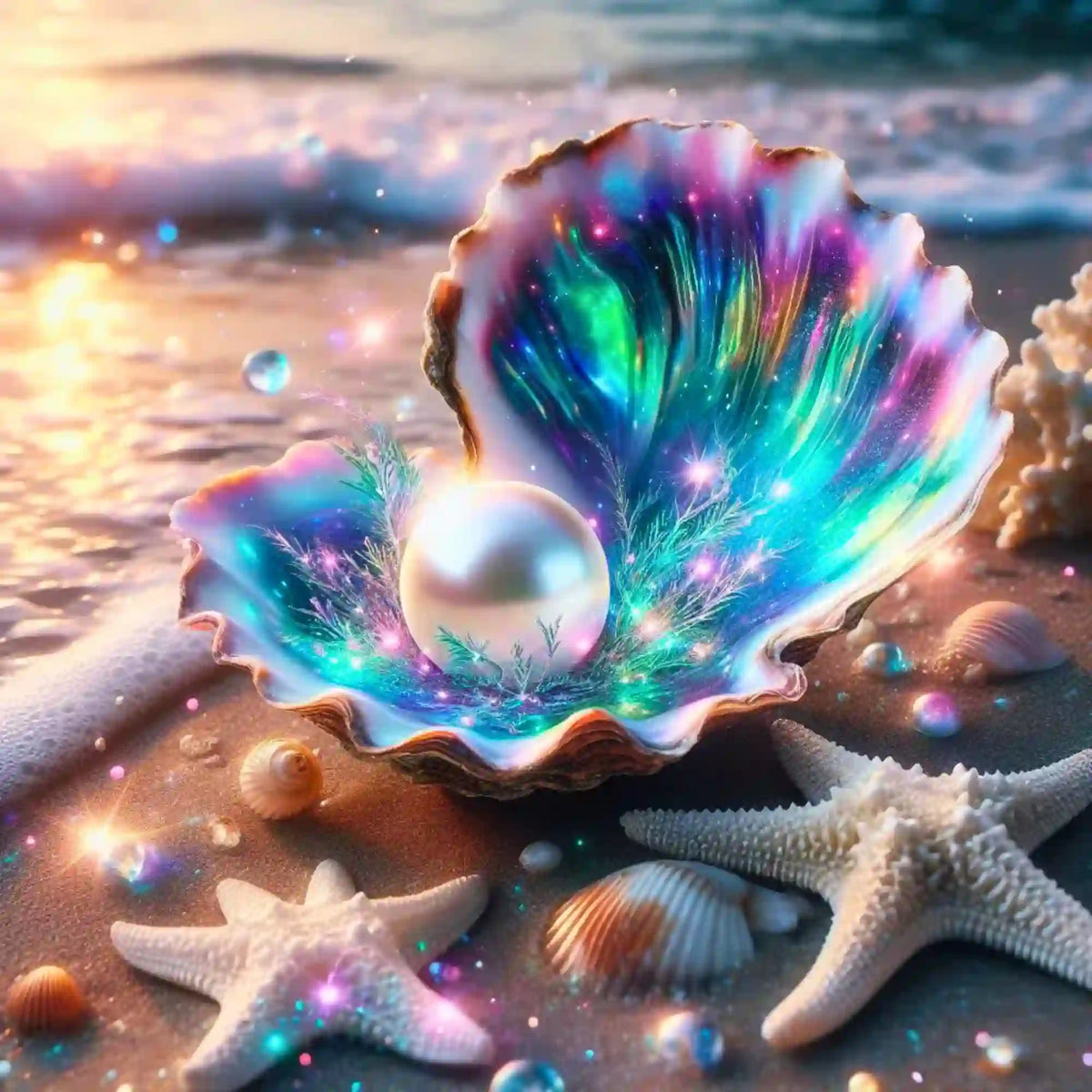 Diamond Painting Set Innerer Schatz: Bunte Muschel mit glänzender Perle am Strand mit Seesternen und Ozean-Effekten.