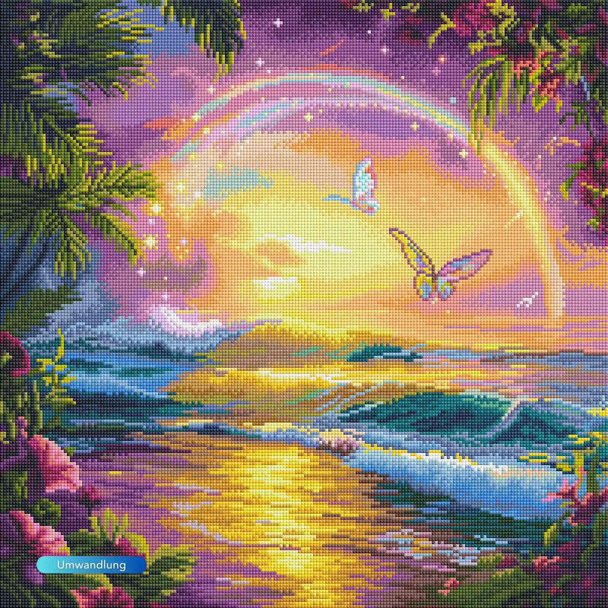 Diamond Painting Set Zwischen Himmel und Meer mit tropischem Sonnenuntergang, Palmen, Regenbogen und Schmetterlingen