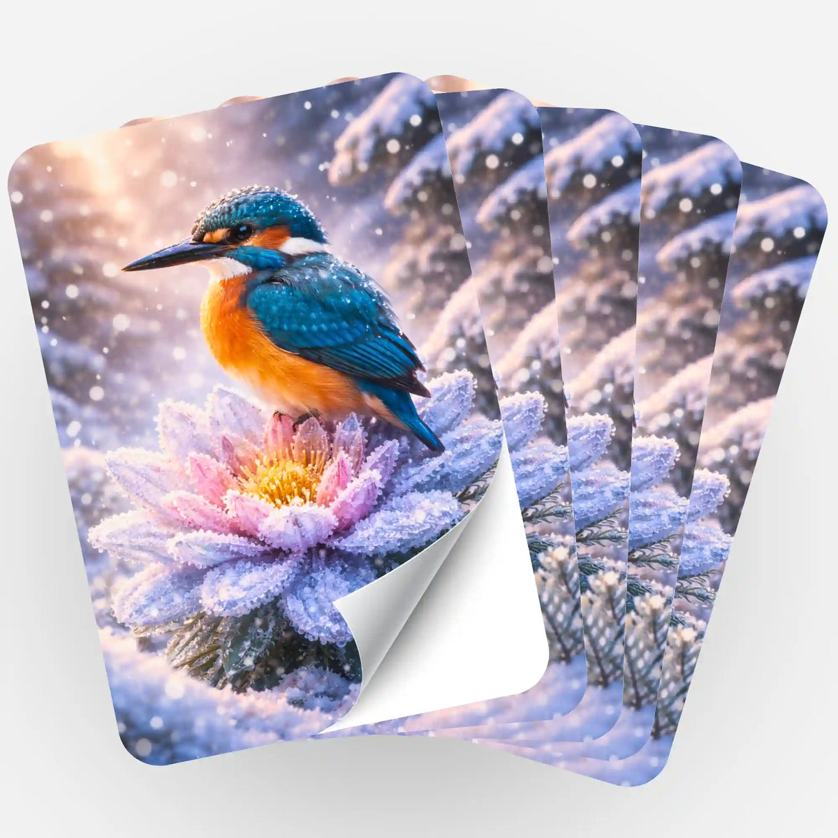 Fächer von 5 Picmondoo Aufklebern: Eisvogel auf einer winterlichen Blüte als passendes Zubehör für Diamond Painting Sets