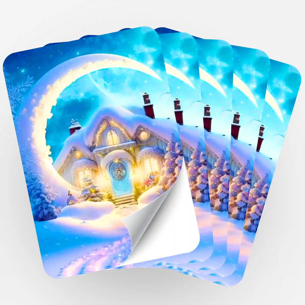 5er-Set Aufkleber für Diamond Painting Zubehör mit winterlichem Haus unter einem strahlenden Mond Motiv