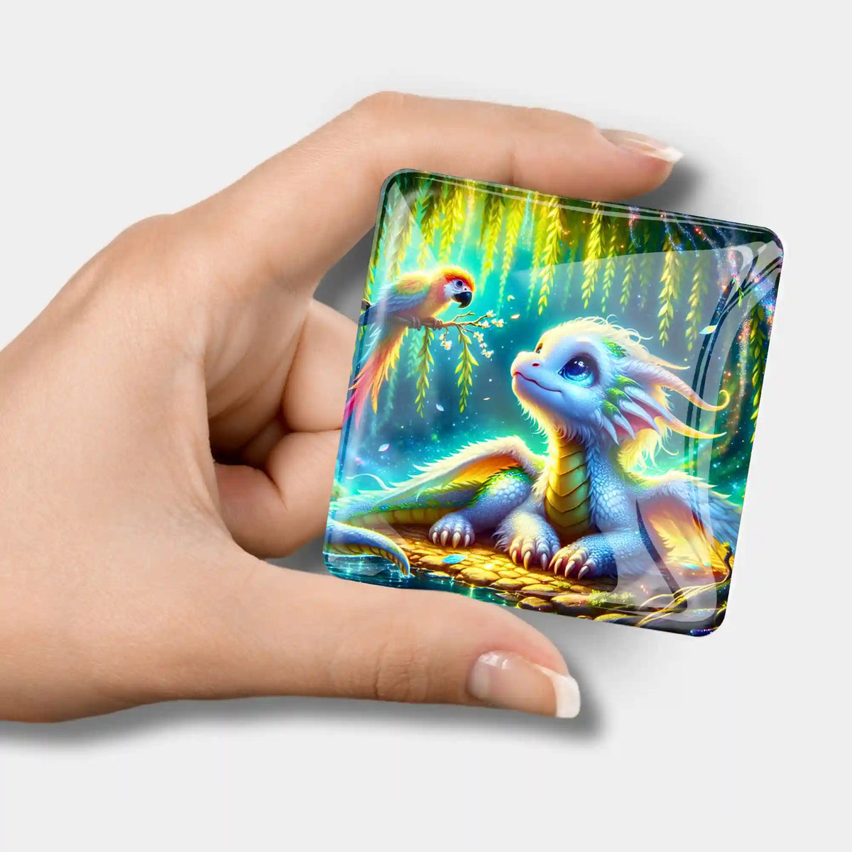 Magischer Taru Glas Coverminder für Diamond Painting mit buntem Drachen-Motiv und Papagei in der Hand gehalten
