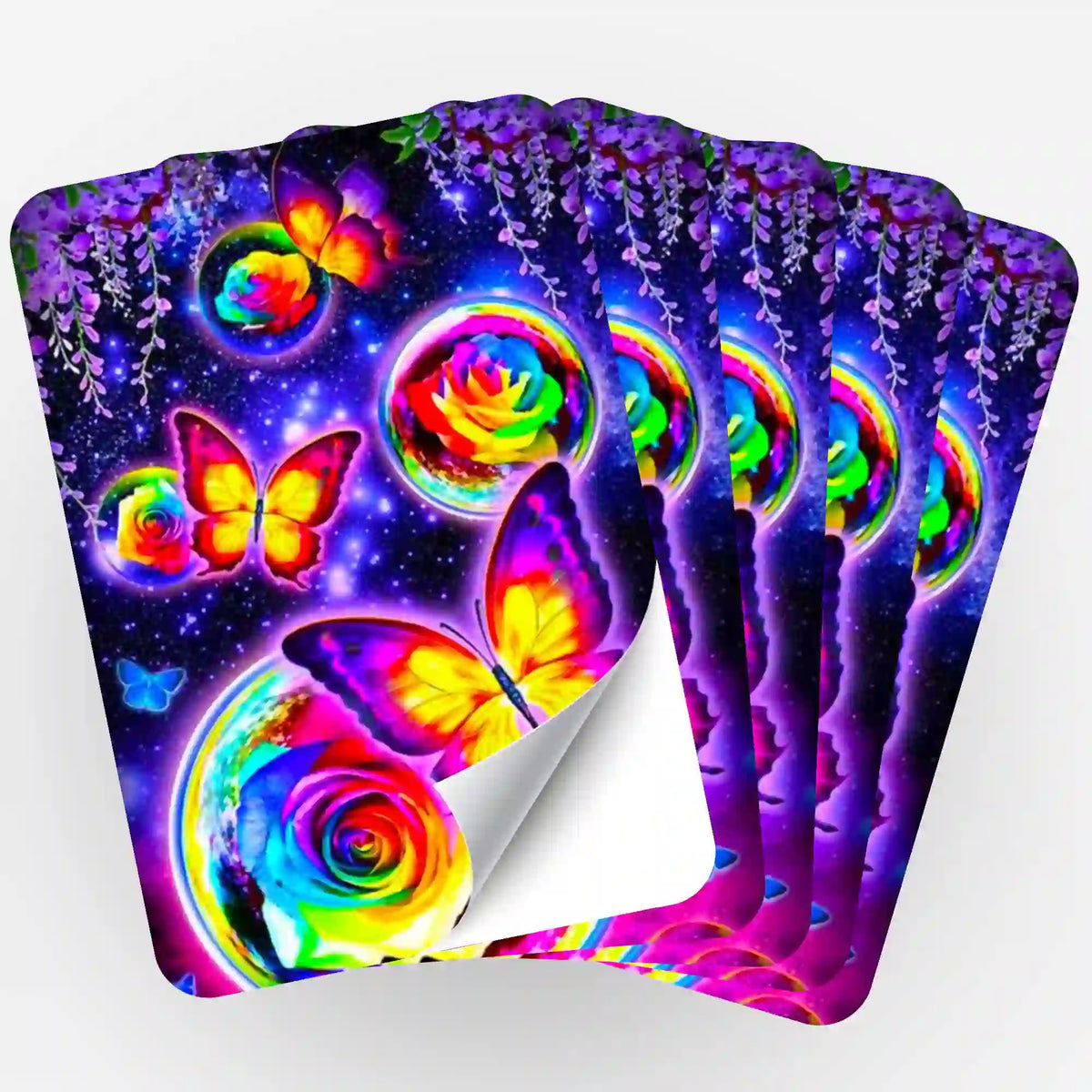 5er-Set Sticker Schmetterlingstanz im Mondschein für dein Diamond Painting Zubehör mit farbenfrohen Rosenmotiven
