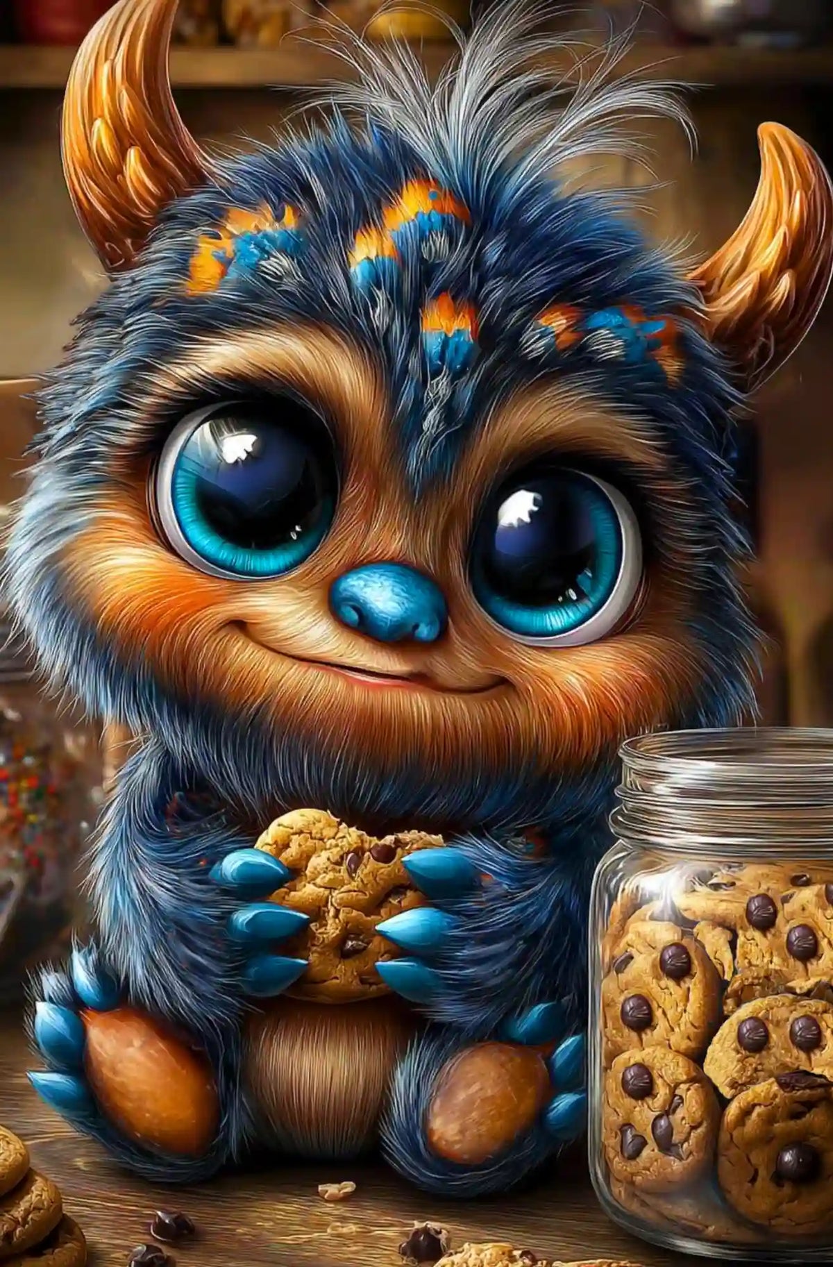 Diamond Painting Set mit süßem Fantasy-Wesen, großäugigem Plüschmonster und Keksdose als Motiv für DIY-Kunst.