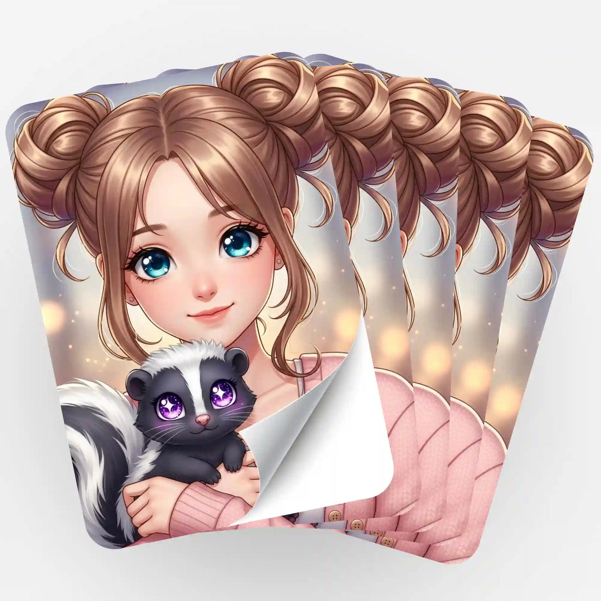 Fünfer-Set Aufkleber Yuna & Puki für Diamond Painting und Bastelbedarf von Picmondoo mit süßem Mädchen und Stinktier