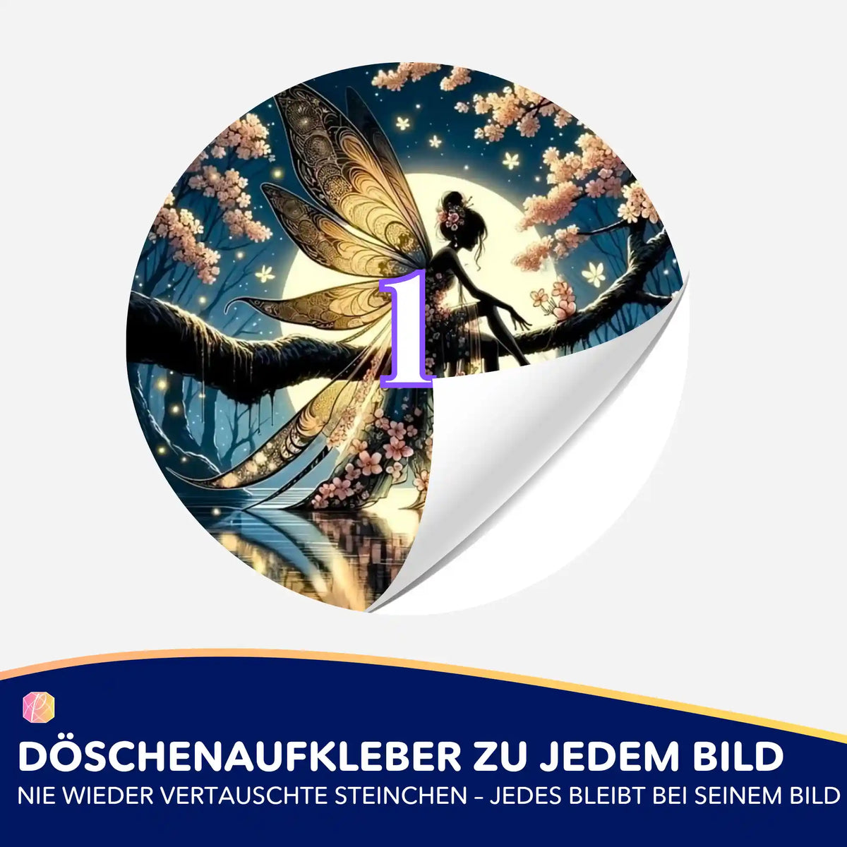 Runder Döschenaufkleber Mondscheinfee mit Nummer 1 für Diamond Painting Zubehör zur Ordnung der Steinchen.