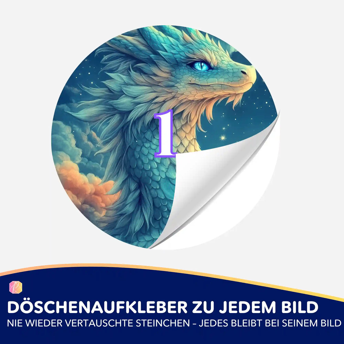 Runder Döschenaufkleber mit Himmelsdrache Saphira Motiv für die Diamond Painting Steinchen-Sortierung