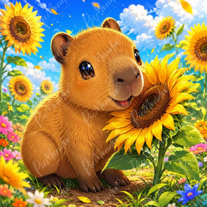 Diamond Painting Set: Lächelndes Capybara-Baby mit Sonnenblume in bunter Blumenwiese unter blauem Himmel