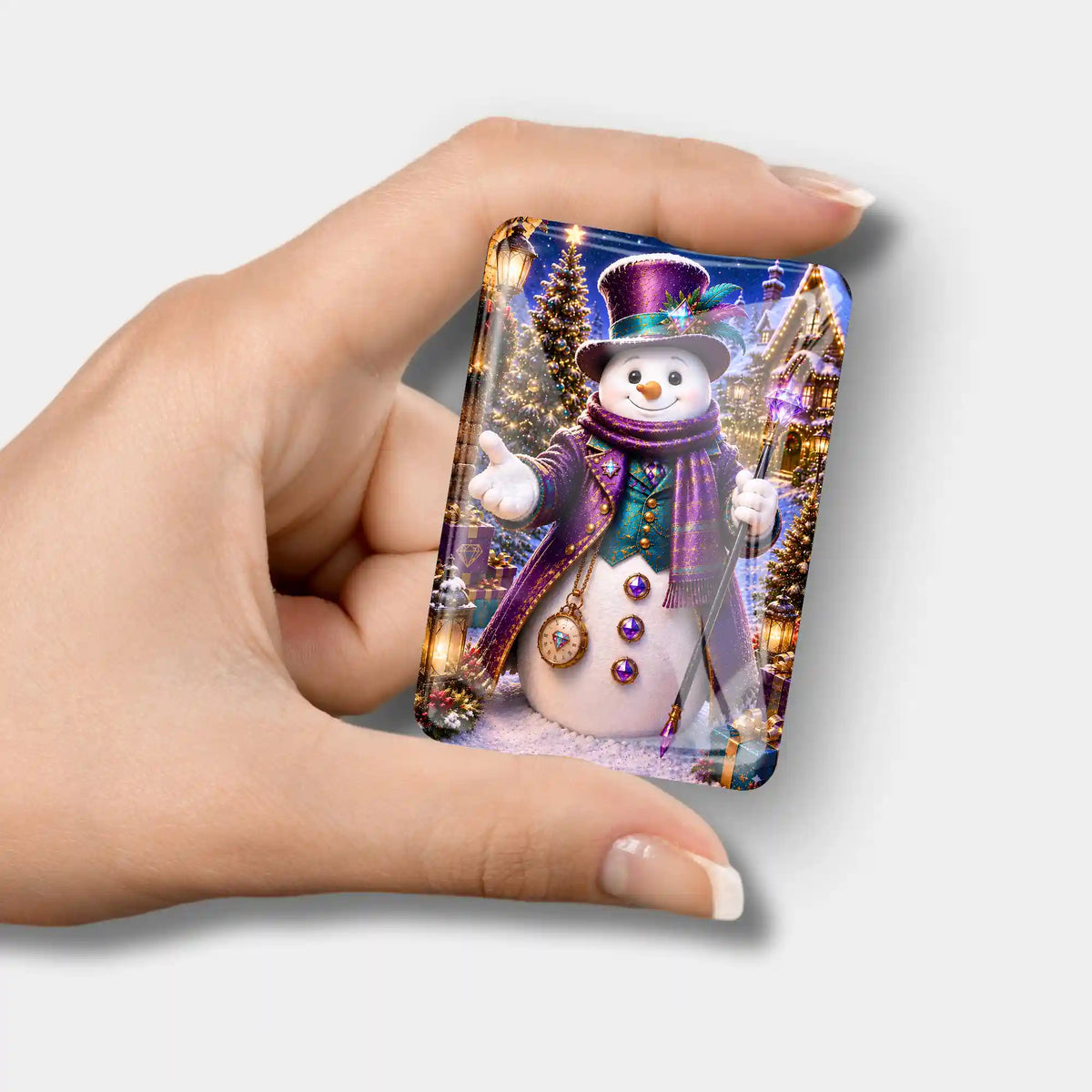 Glas Cover Minder mit Schneemann-Motiv für Diamond Painting, handlicher Magnet-Halter als Zubehör für Bastelsets.