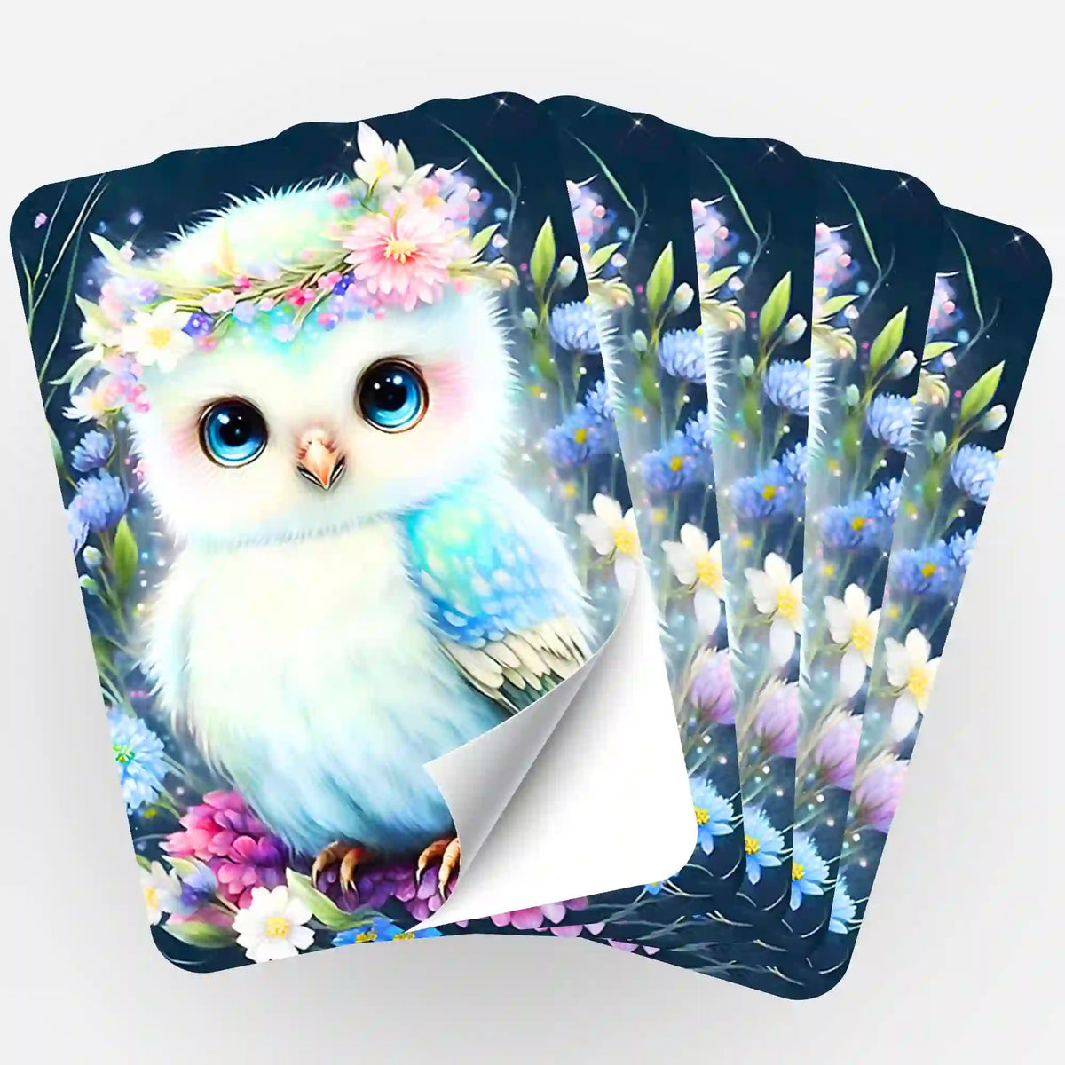 Fächer von 5 Diamond Painting Aufklebern mit Eulen-Motiv im Blumenmeer für DIY-Fans und Hobby-Organisation