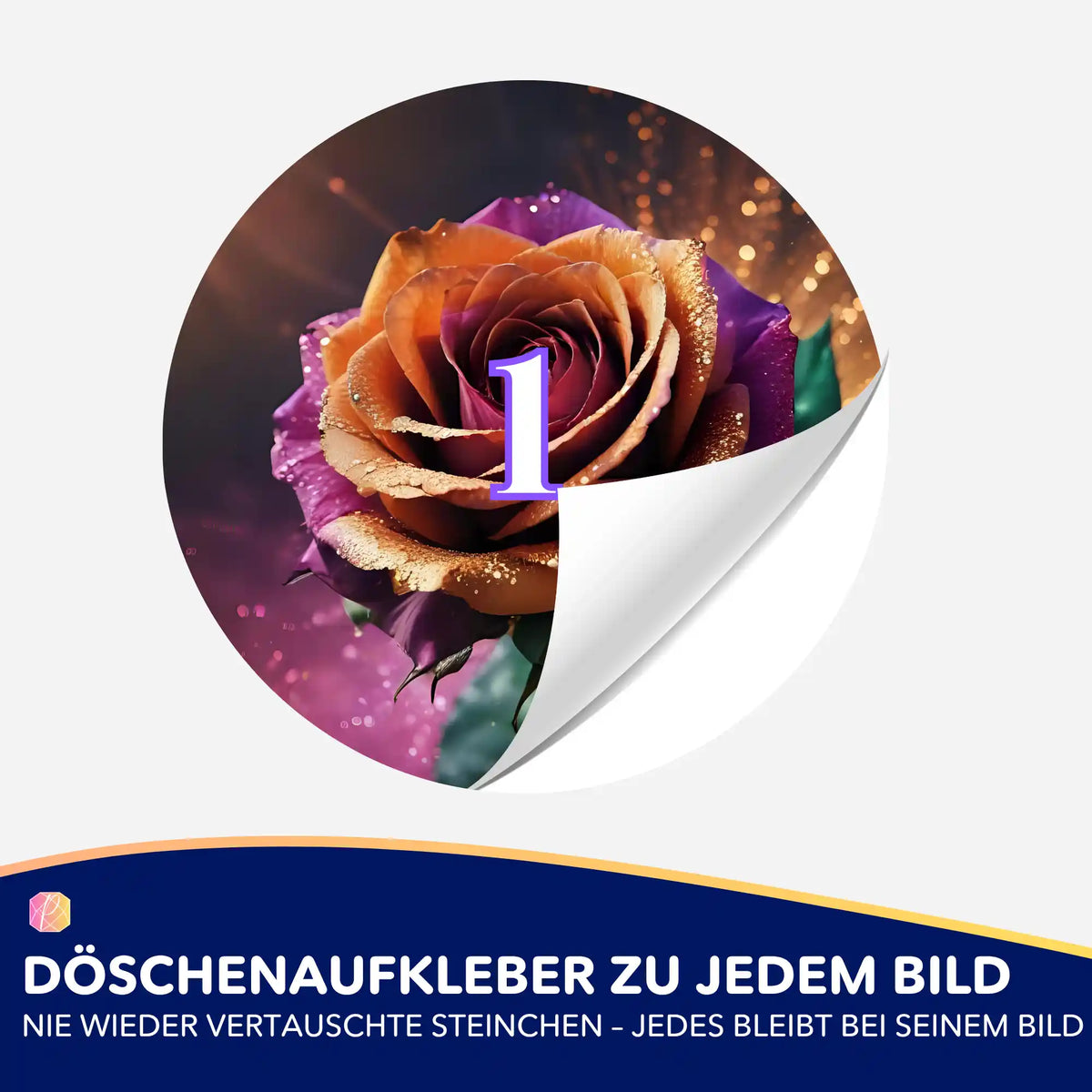 Runder Döschenaufkleber mit Blumen Motiv für die Diamond Painting Sortierbox zum einfachen Organisieren der Steinchen.
