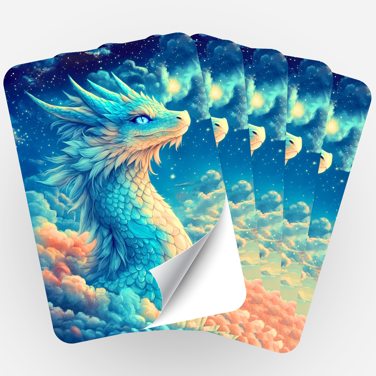 Fächer von 5 Picmondoo Diamond Painting Aufklebern mit Himmelsdrache Saphira Motiv in Blau- und Wolkenfarben.