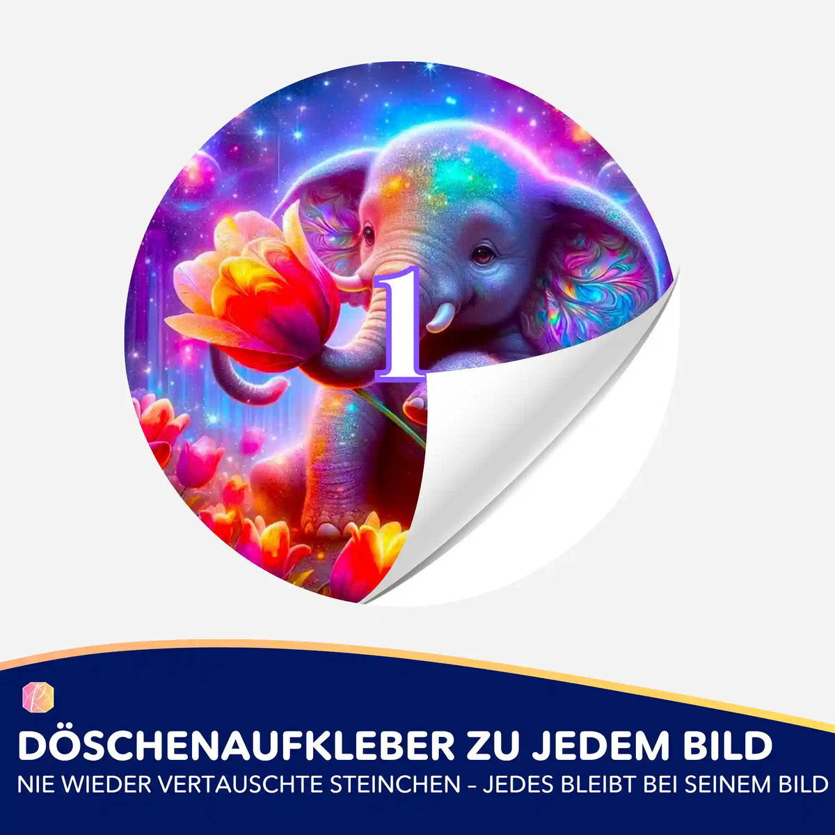 Bunter Döschenaufkleber mit Elefantenmädchen-Motiv zur Organisation von Diamond Painting Steinchen