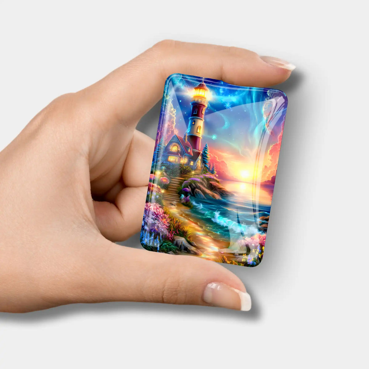 Magnetischer Cover Minder mit Leuchtturm-Motiv für Diamond Painting, gehalten in der Hand als praktisches Zubehör