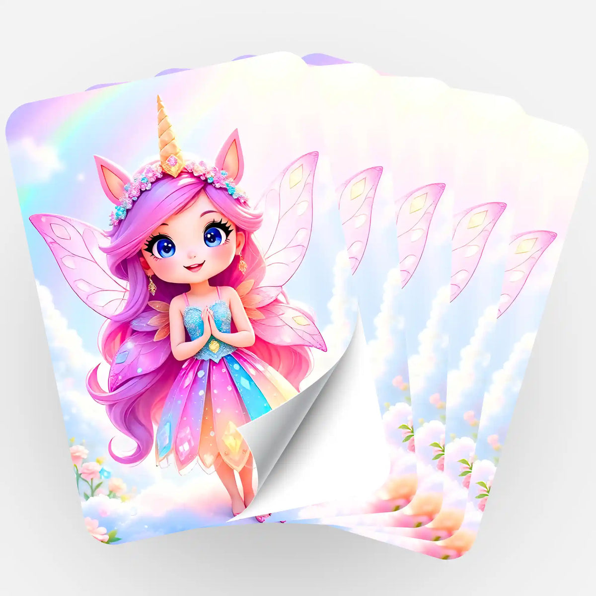 5er-Set Fairydust Diamond Painting Sticker mit süßem Einhorn-Fee Motiv im Wolkenreich für Bastelliebhaber
