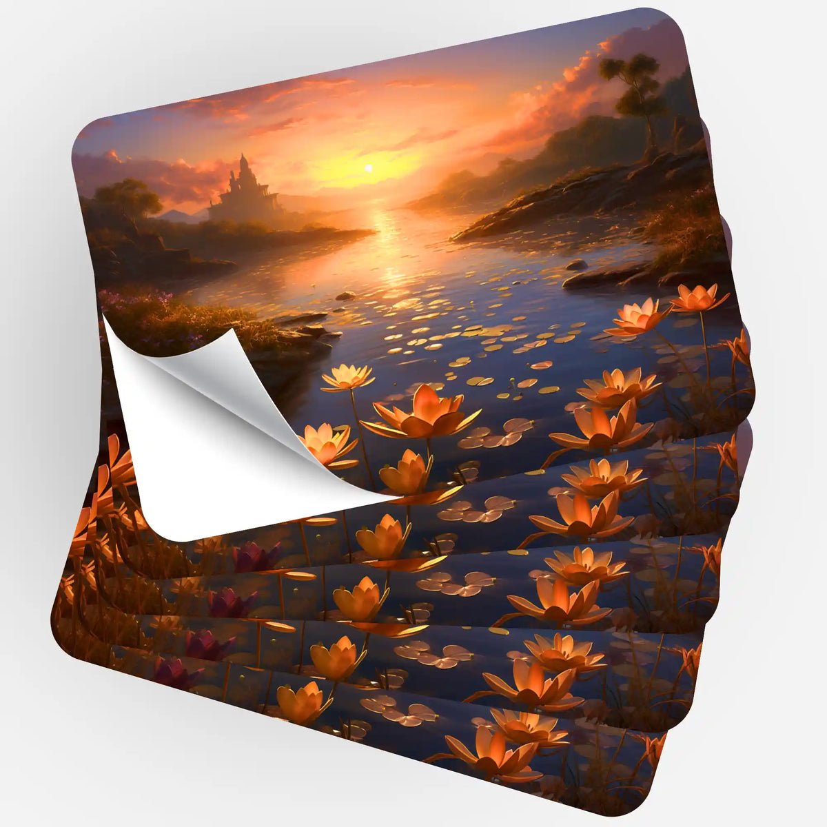 Fünfer-Set Sticker für Diamond Painting mit Motiv Wenn der Tag ausatmet, Sonnenuntergang am See mit Lotosblüten