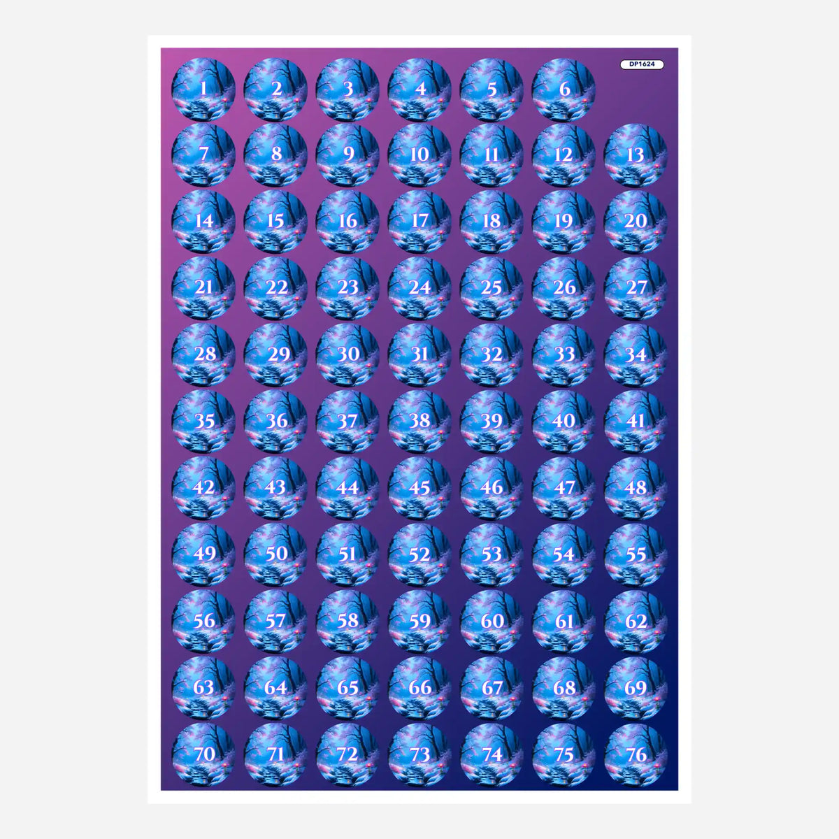 Bogen mit runden Döschenaufklebern für Diamond Painting Zubehör mit Zahlen 1 bis 76 für das Motiv Fluss der Träume.