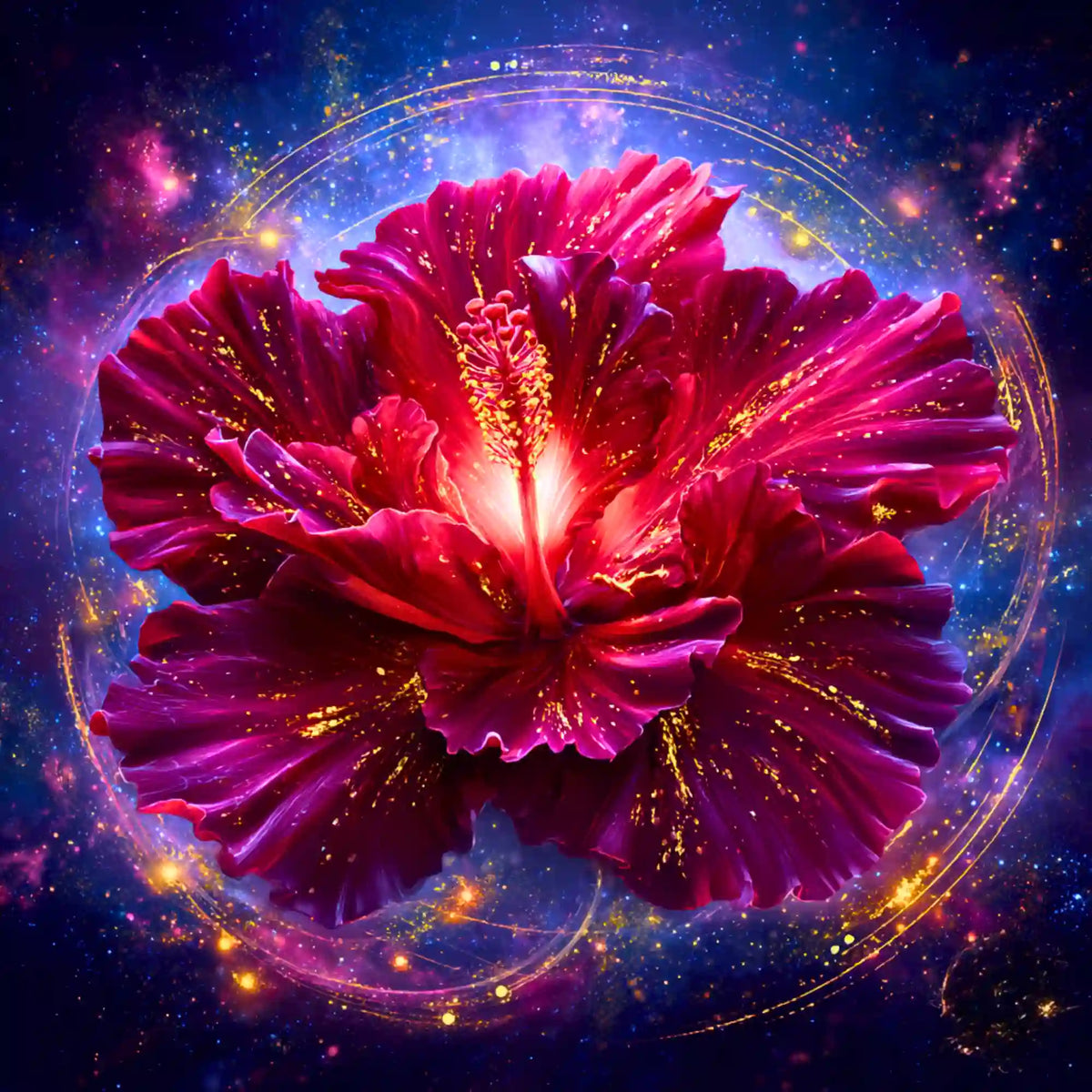 Diamond Painting Set Königin im Licht mit roter Hibiskusblüte vor glitzerndem galaktischen Kosmos-Hintergrund