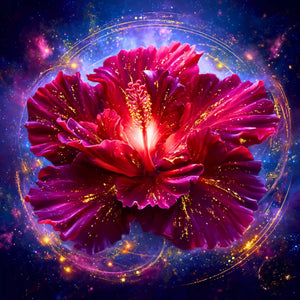 Diamond Painting Set Königin im Licht mit roter Hibiskusblüte vor glitzerndem galaktischen Kosmos-Hintergrund