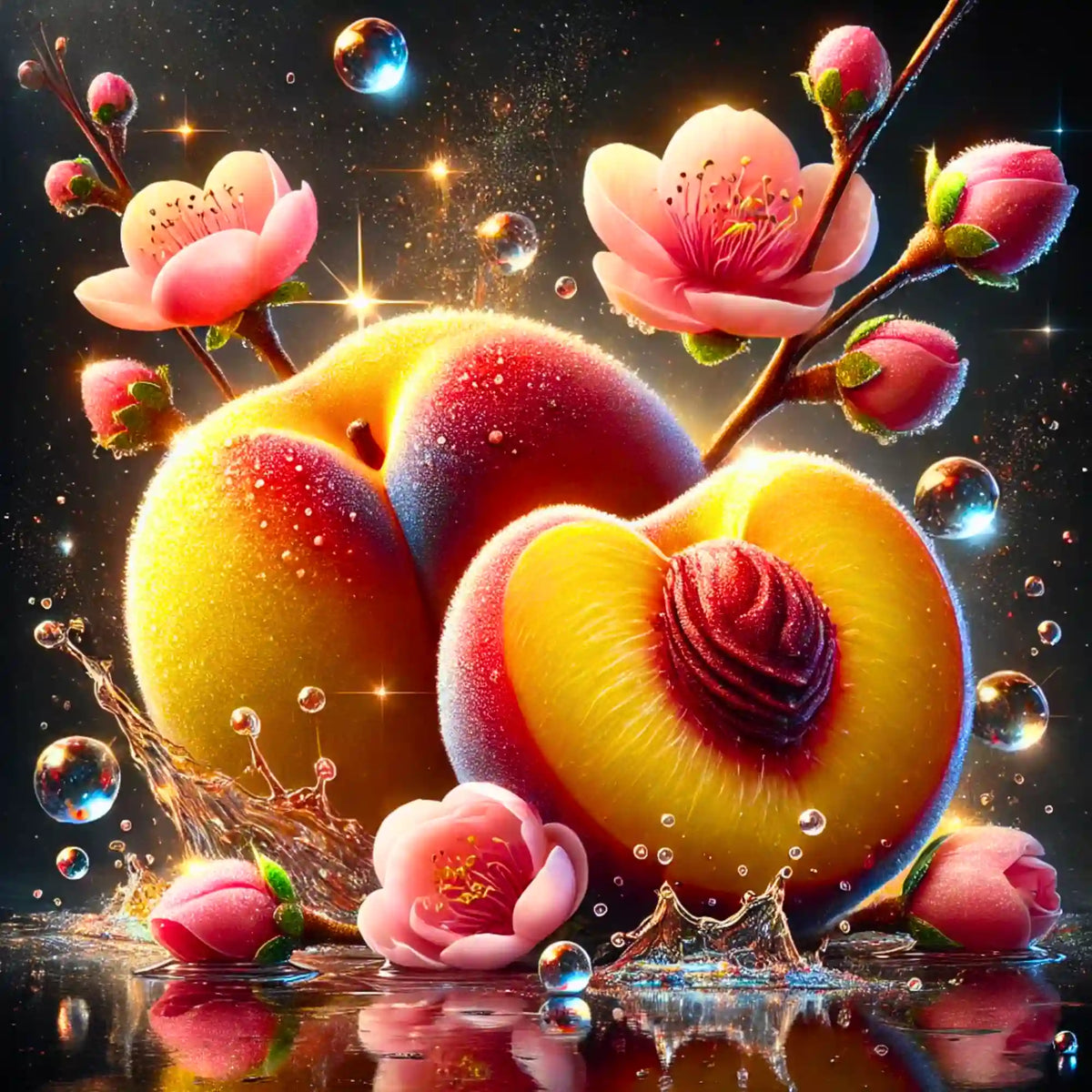 Diamond Painting Set mit reifen Pfirsichen, rosa Blüten und glitzernden Wassertropfen in leuchtenden Farben.
