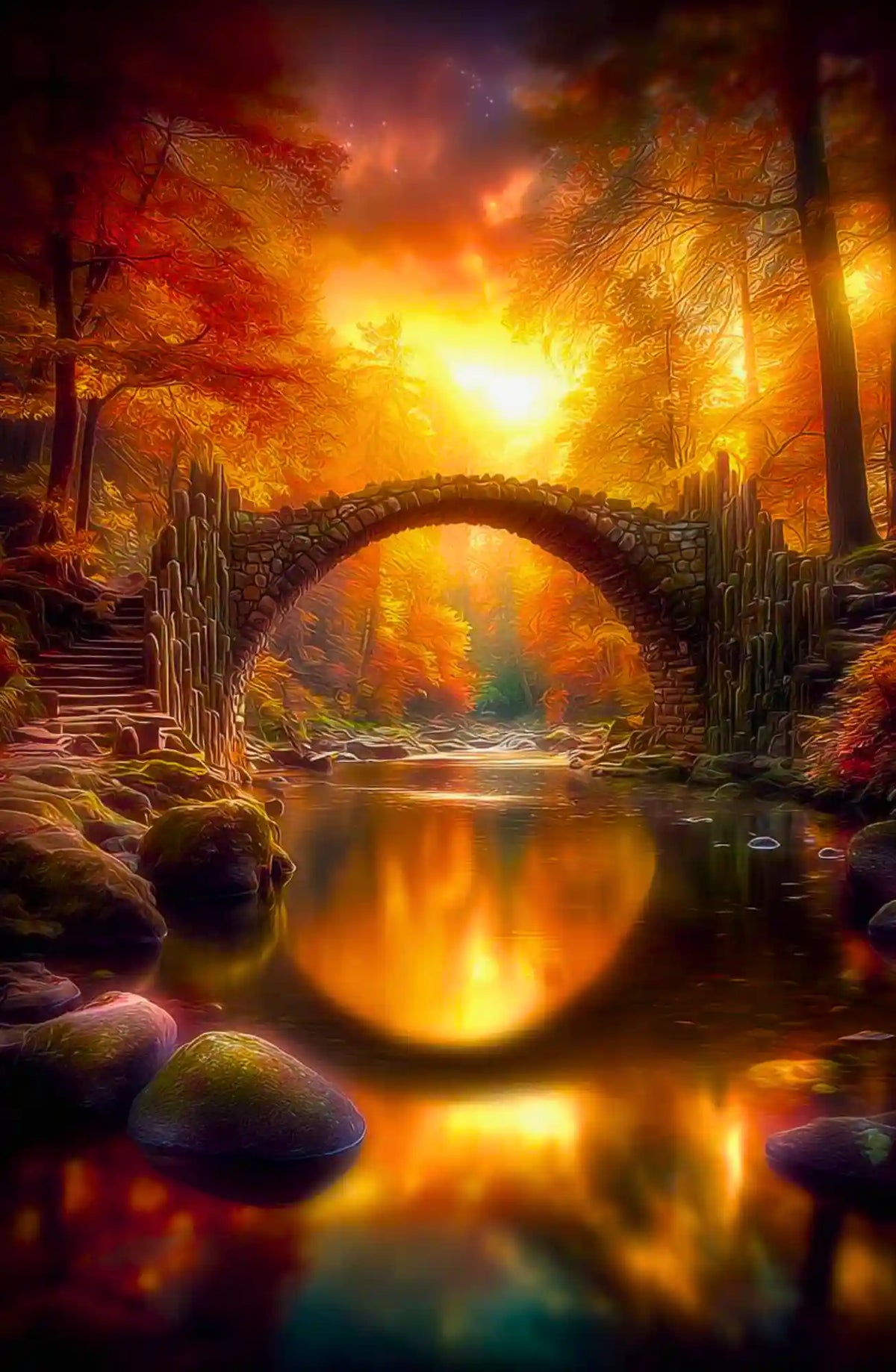 Diamond Painting einer magischen Steinbrücke im herbstlichen Wald bei goldenem Sonnenuntergang mit Reflexion im Fluss