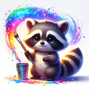 Diamond Painting Set mit süßem Waschbär, der mit Pinsel und Eimer bunte Regenbogenfarben malt
