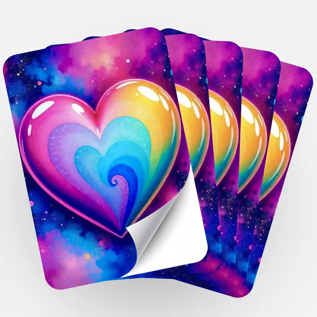 Fünfer-Set bunte Herz-Aufkleber für Diamond Painting Organisation mit farbenfrohem Galaxie-Design und Glanz-Effekt