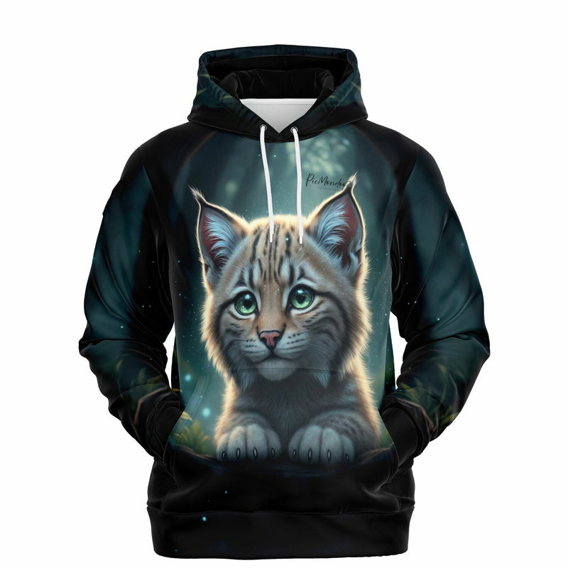 Schwarzer Dreamer Hoodie für Erwachsene mit süßem Luchs-Motiv im magischen Wald-Design