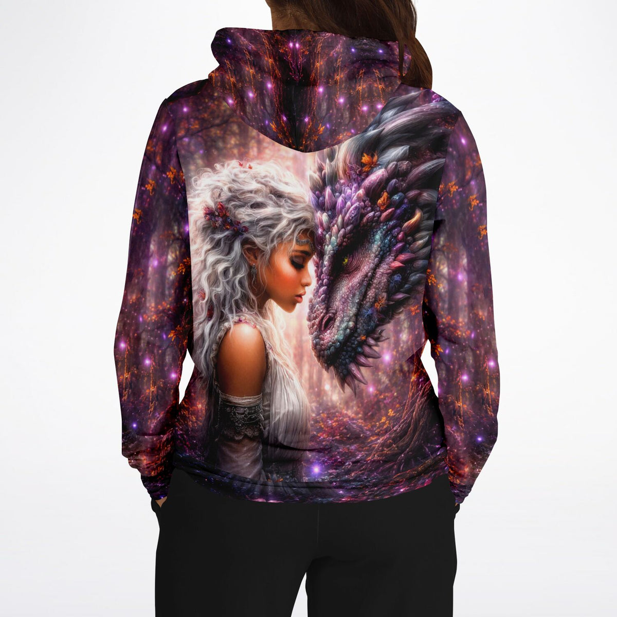 Dreamer Hoodie Seelenbund mit Fantasy-Motiv von einer Frau mit Drachen, perfekt für Diamond Painting Fans als All-Over-Print
