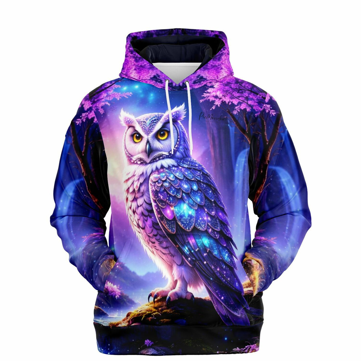 Dreamer Hoodie Hüterin der Dämmerung mit eulenartigem Diamond Painting Motiv in leuchtenden Lila- und Blautönen