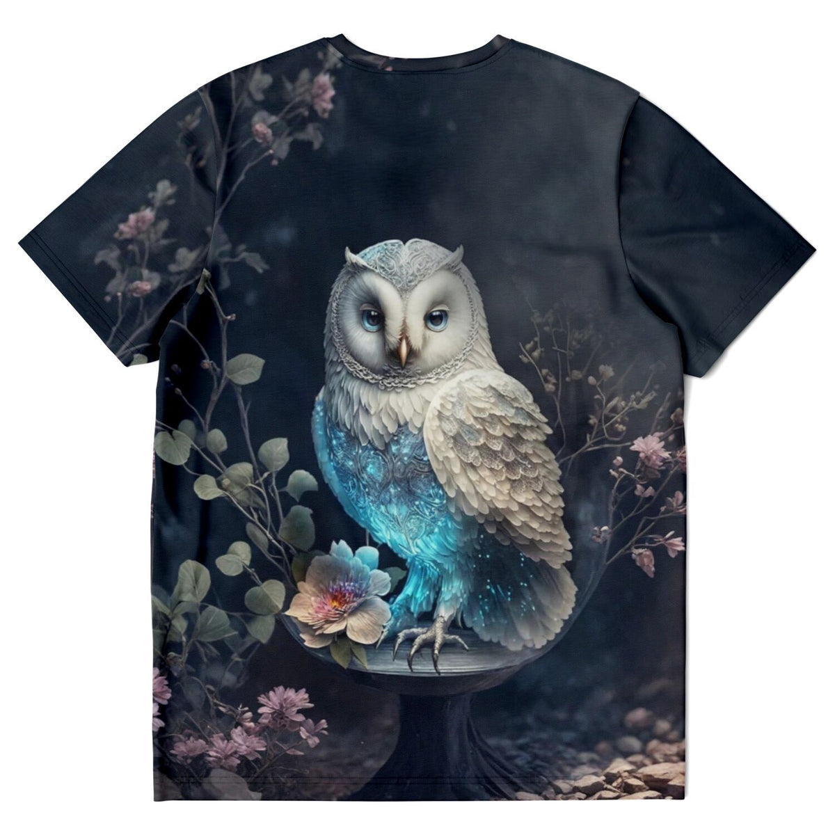 Dreamer T-Shirt mit mystischem Eulen-Motiv in Weiß und Blau, inspiriert durch Diamond Painting und Malen nach Zahlen Kunst