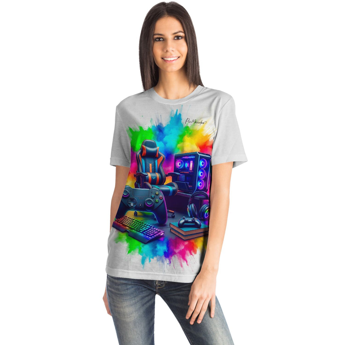 Frau trägt hellgraues T-Shirt mit Gaming Zone Motiv, ideal für Fans von Diamond Painting und Malen nach Zahlen