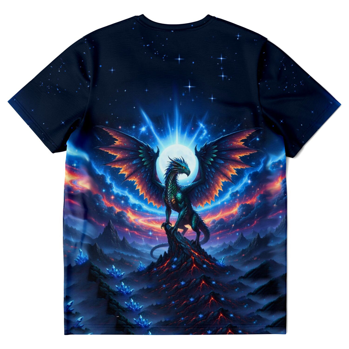 Dreamer T-Shirt mit leuchtendem Drachen-Motiv vor einem Vulkan, ideal für Fans von Diamond Painting und Fantasy-Kunst.