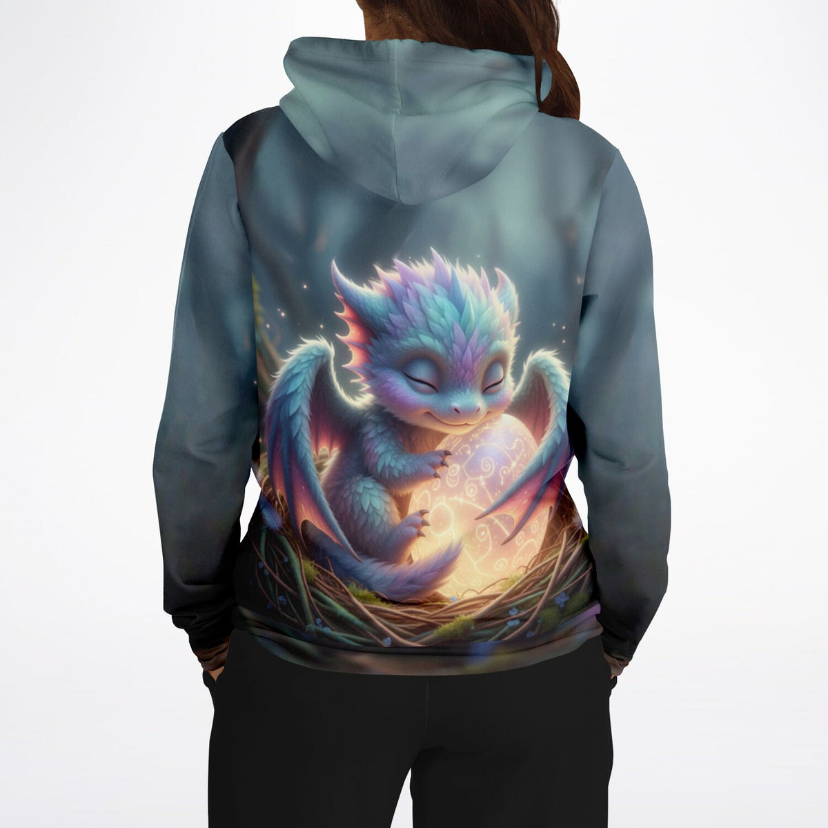 Dreamer Hoodie mit Lichtdrache Faye Motiv, stylischer AOP Kapuzenpullover in Pastellfarben für Fantasy-Fans