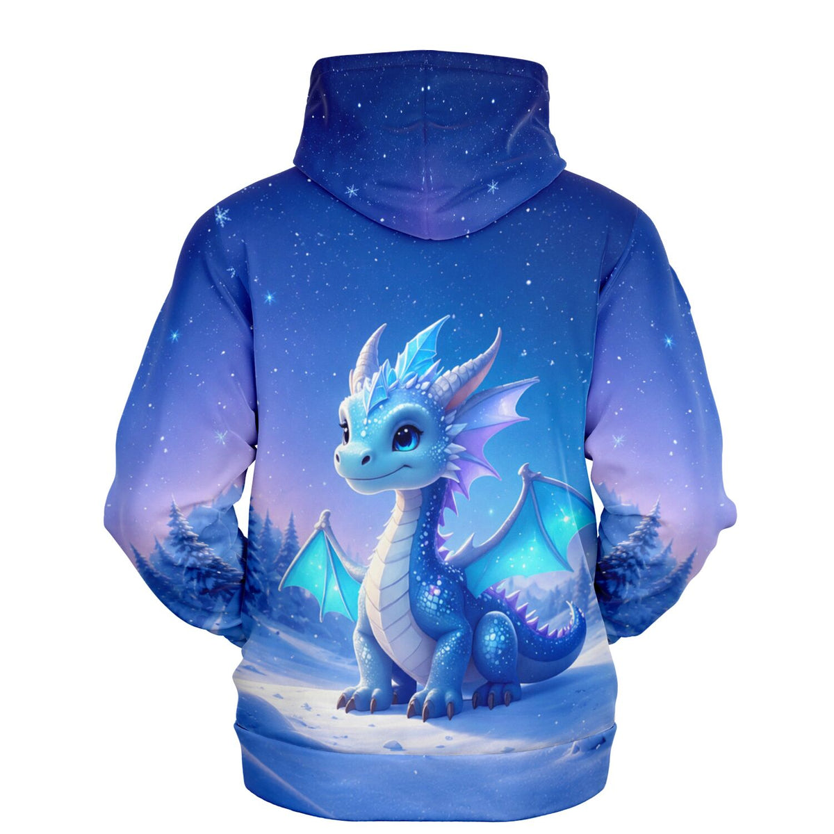 Blauer Dreamer Hoodie mit süßem Drachen Motiv im Winterwald, perfekt passend zu Diamond Painting und Malen nach Zahlen