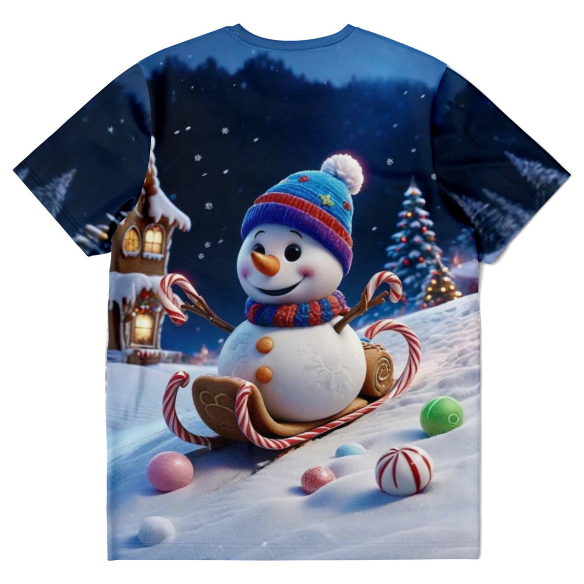 T-Shirt mit Schneemann-Motiv auf Süßigkeiten-Schlitten, ideal für Fans von Diamond Painting und Malen nach Zahlen